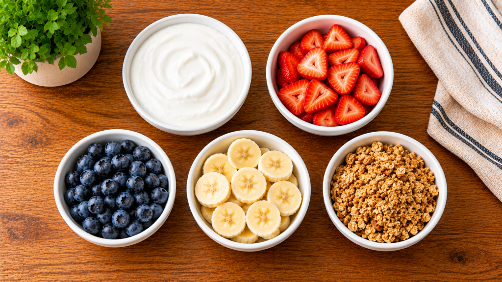 Ingredients for a simple yogurt and fruit breakfast bowl including yogurt, strawberries, blueberries, banana slices, and granola arranged on a wooden countertop.