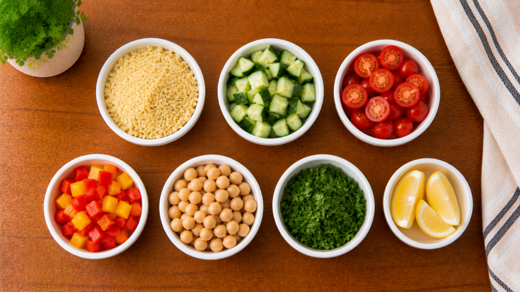 Couscous, cucumbers, tomatoes, fresh herbs, and colorful vegetables arranged on a wooden countertop.