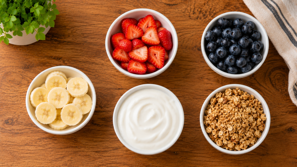 Ingredients for a summer fruit breakfast parfait including strawberries, blueberries, banana slices, plant-based yogurt, and granola arranged on a wooden countertop.