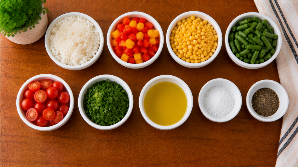 Rice, colorful vegetables, and fresh herbs arranged on a wooden countertop.
