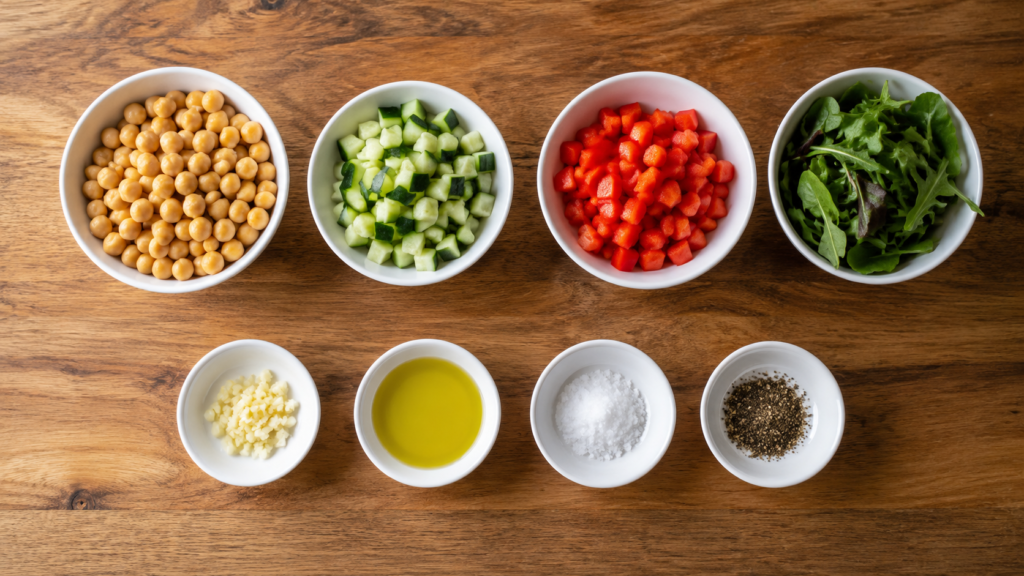 ingredients for warm chickpea veggie skillet arranged in small bowls with chickpeas and vegetables