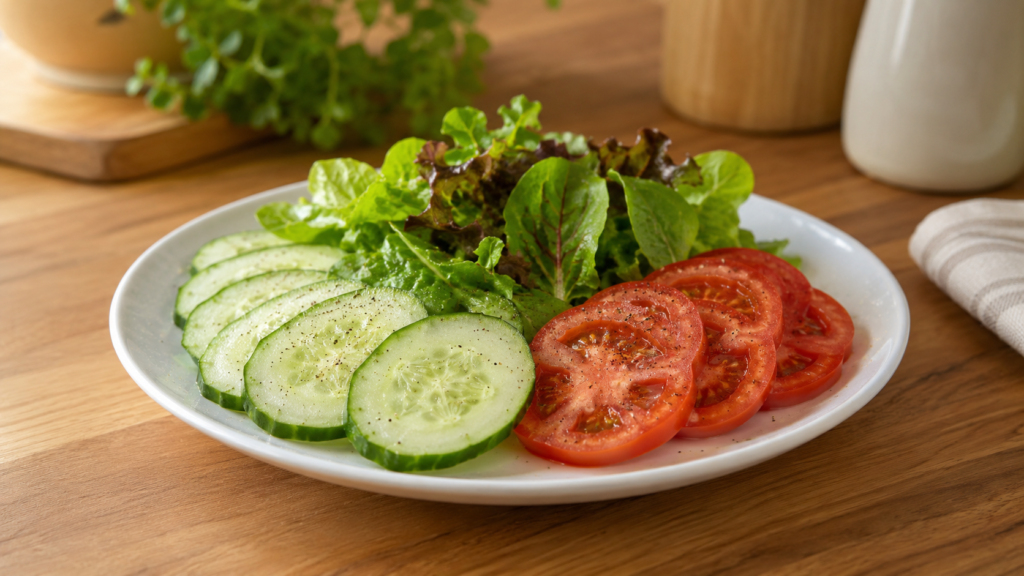 cool cucumber and tomato plate with fresh vegetables arranged on a white plate on a wooden countertop
