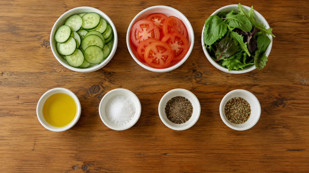 ingredients for cucumber and tomato plate including fresh vegetables arranged in small bowls