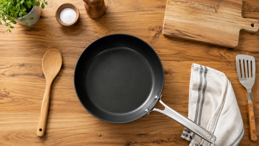 simple cooking pan and kitchen tools arranged neatly on a wooden countertop