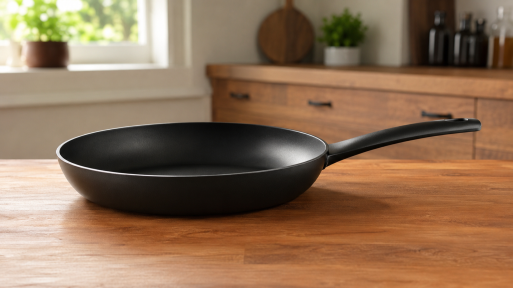 simple nonstick skillet on a wooden countertop in a warm kitchen setting