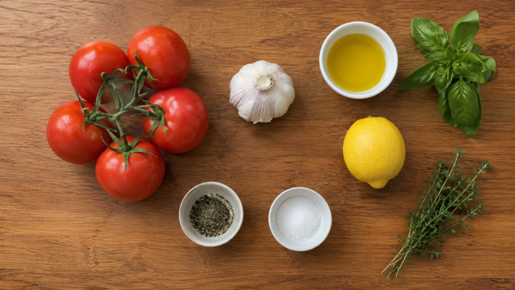 simple ingredients and seasonings arranged on a wooden countertop in soft natural light