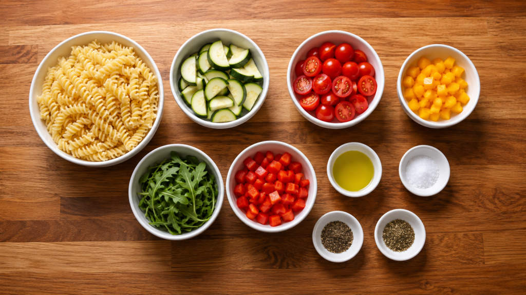 ingredients for light pasta plate with vegetables arranged in small bowls