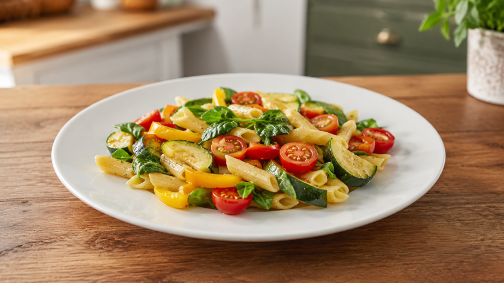 light pasta plate with vegetables served on a white plate on a wooden countertop