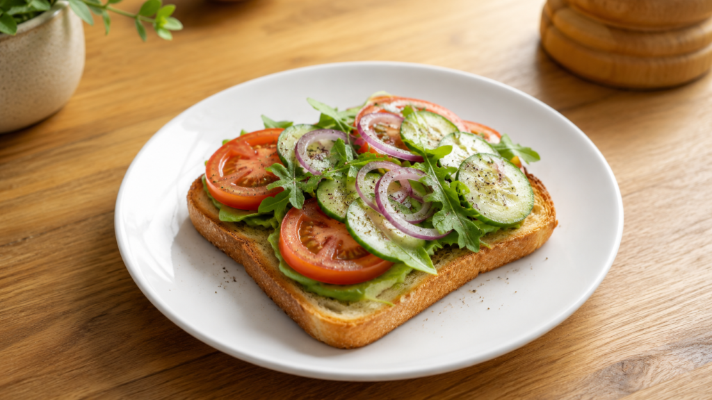 quick veggie toast plate with fresh vegetables and toast on a white plate on a wooden countertop