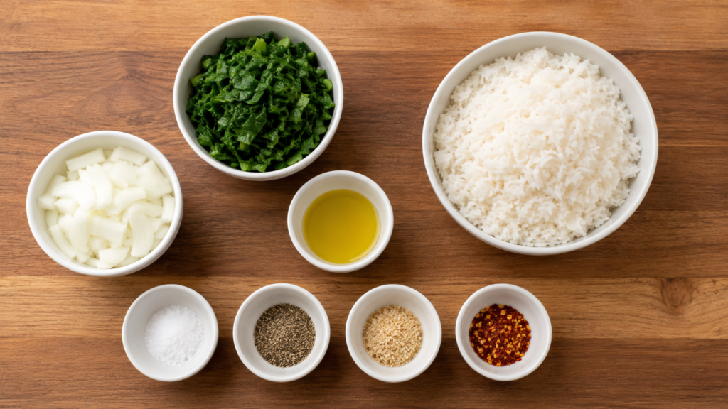 ngredients for warm rice greens comfort bowl arranged in small bowls with rice and greens