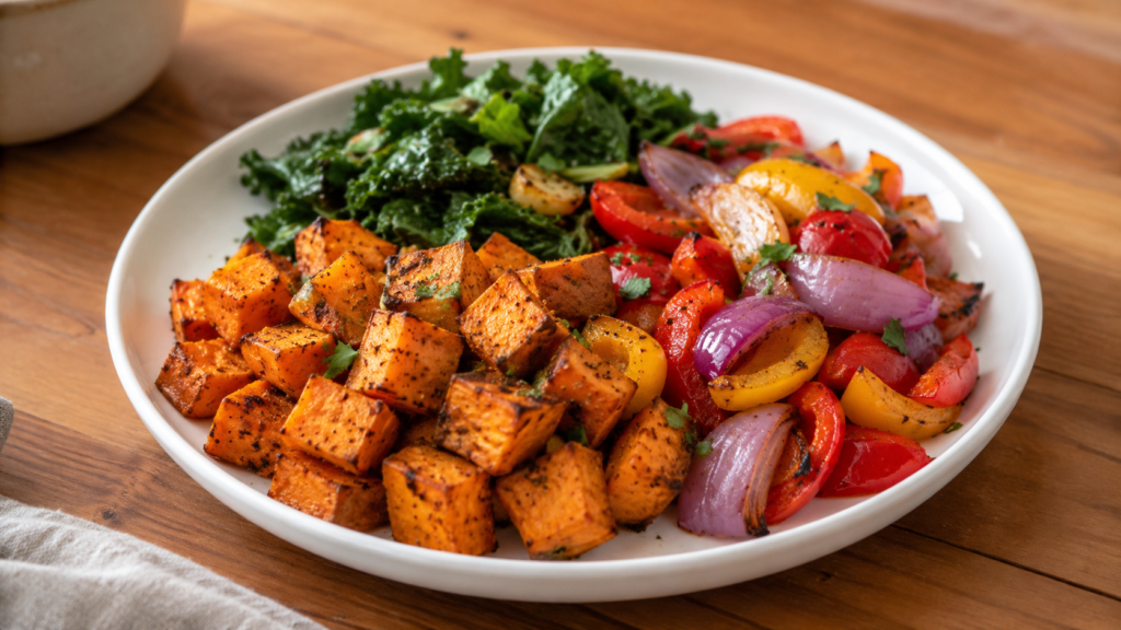 roasted sweet potato veggie plate served on a white plate on a wooden countertop
