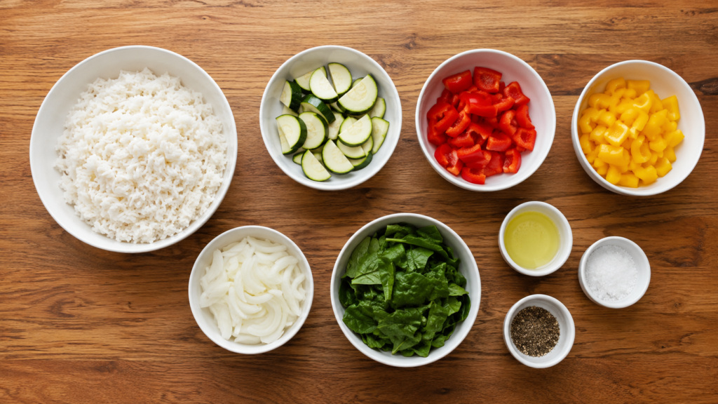 ingredients for warm rice veggie bowl including rice and roasted vegetables arranged in small bowls