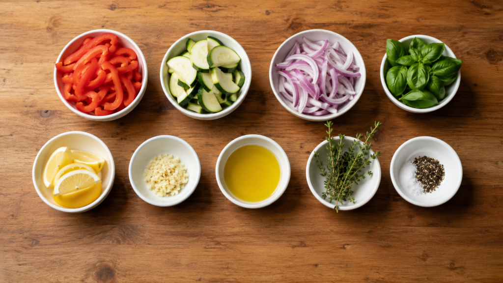 vegetables herbs and seasonings arranged in small bowls on a wooden countertop
