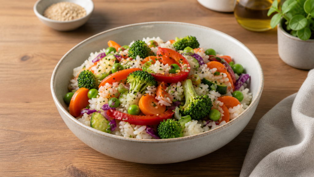 veggie grain bowl with rice and mixed vegetables in a simple white bowl on a wooden countertop