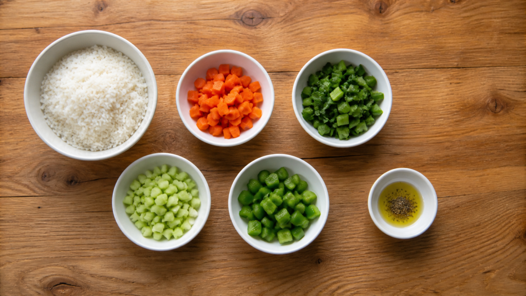 ingredients for veggie grain bowl including rice and vegetables arranged in small bowls
