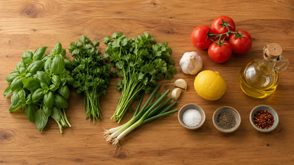 fresh herbs and simple ingredients arranged on a wooden countertop