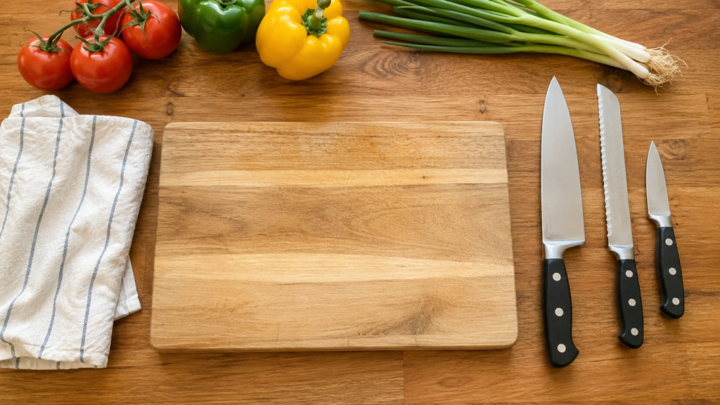 basic kitchen knives and cutting board arranged on a wooden countertop