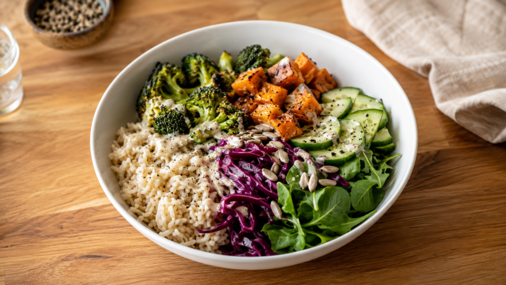 simple lunch bowl with grains and vegetables in a white bowl on a wooden countertop
