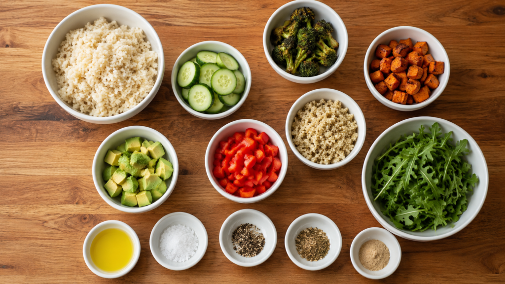 ingredients for simple lunch bowl arranged in small bowls with grains and vegetables