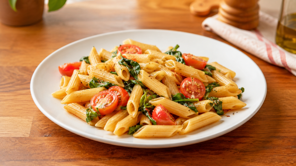 simple tomato pasta plate served on a white plate on a wooden countertop