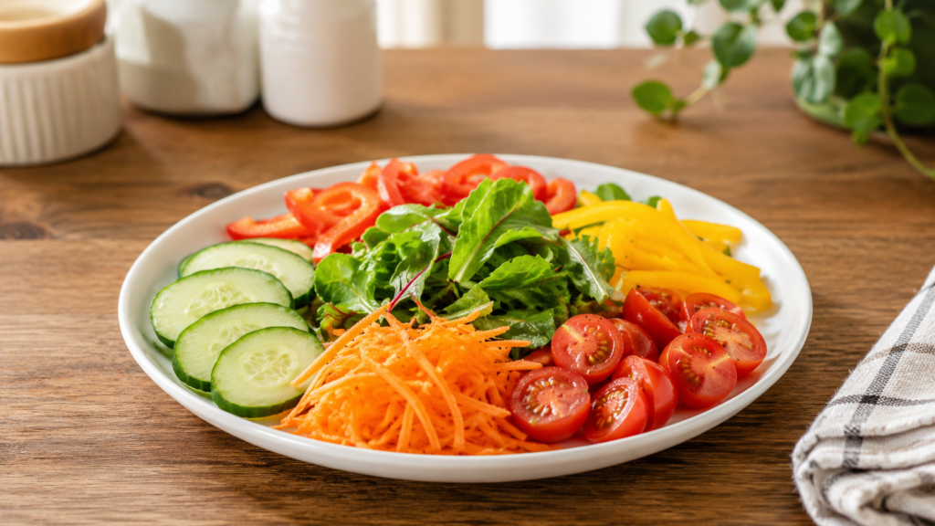 simple veggie plate with colorful fresh vegetables arranged on a white plate on a wooden countertop