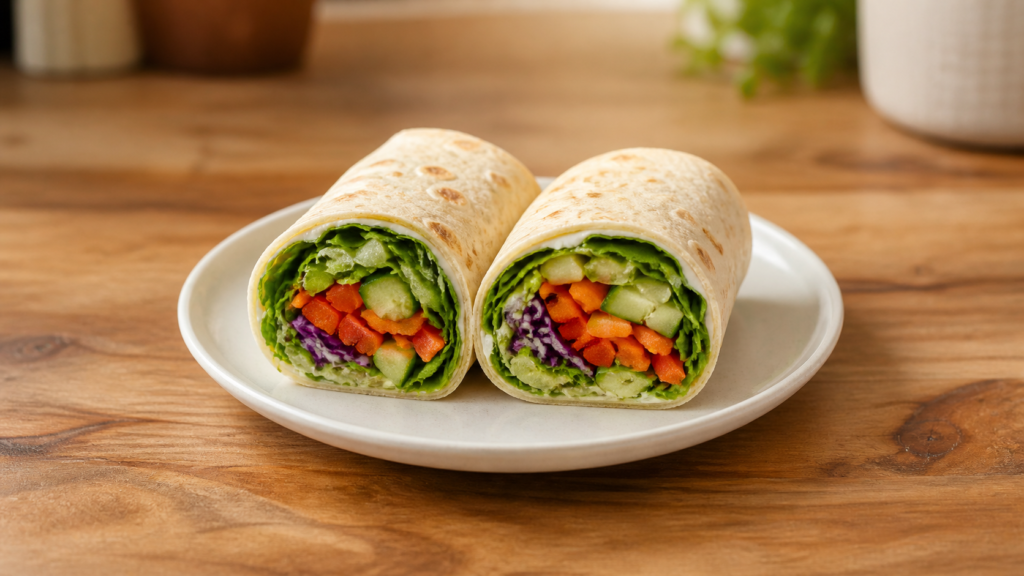 veggie wrap filled with fresh vegetables and greens on a wooden countertop