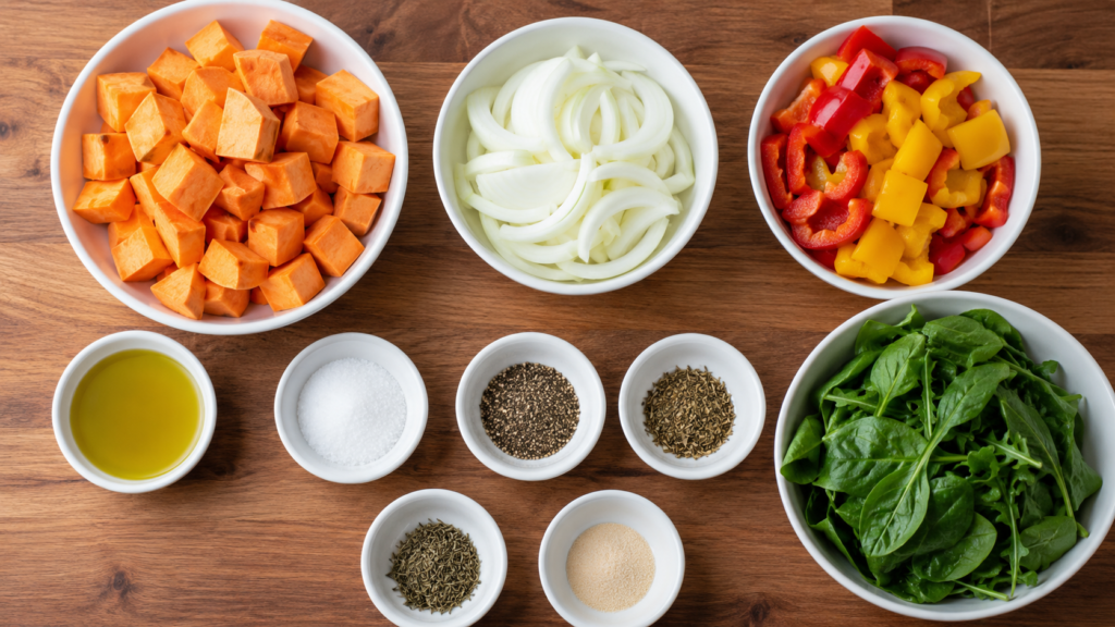 ingredients for roasted sweet potato veggie plate arranged in small bowls with vegetables and sweet potatoes