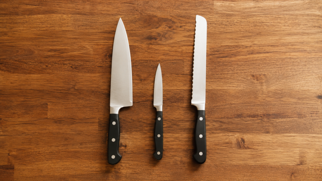 simple kitchen knives arranged neatly on a wooden countertop in soft natural light