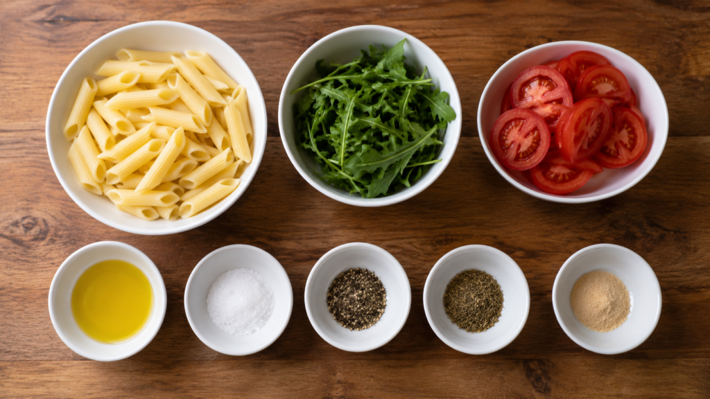 ingredients for simple tomato pasta plate arranged in small bowls with pasta and tomatoes