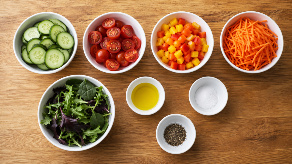 ingredients for simple veggie plate including fresh vegetables arranged in small bowls