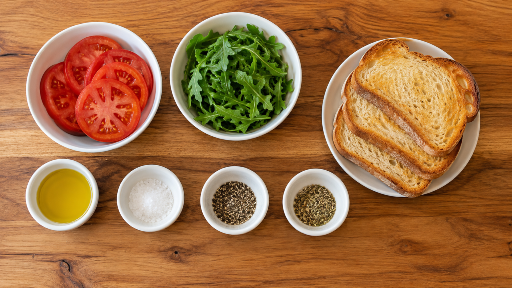 ingredients for quick veggie toast plate arranged in small bowls with vegetables and toast