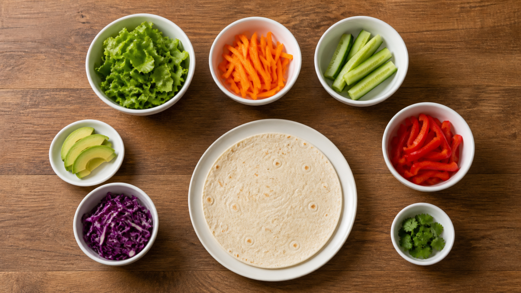 ingredients for veggie wrap including fresh vegetables and wrap laid out on a wooden surface