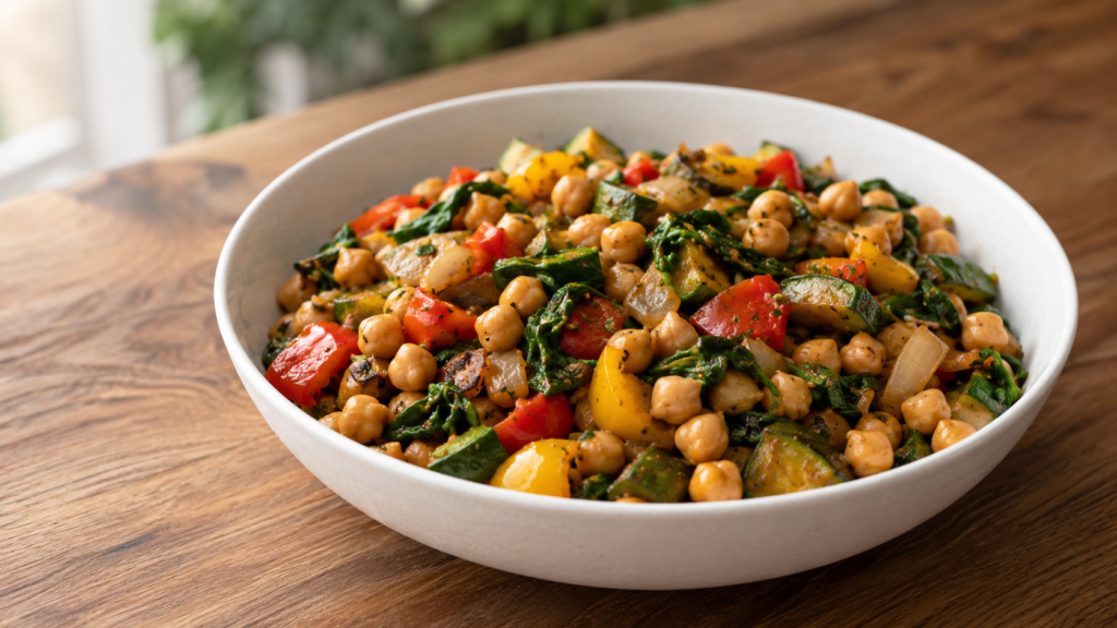 warm chickpea veggie skillet served in a white bowl on a wooden countertop