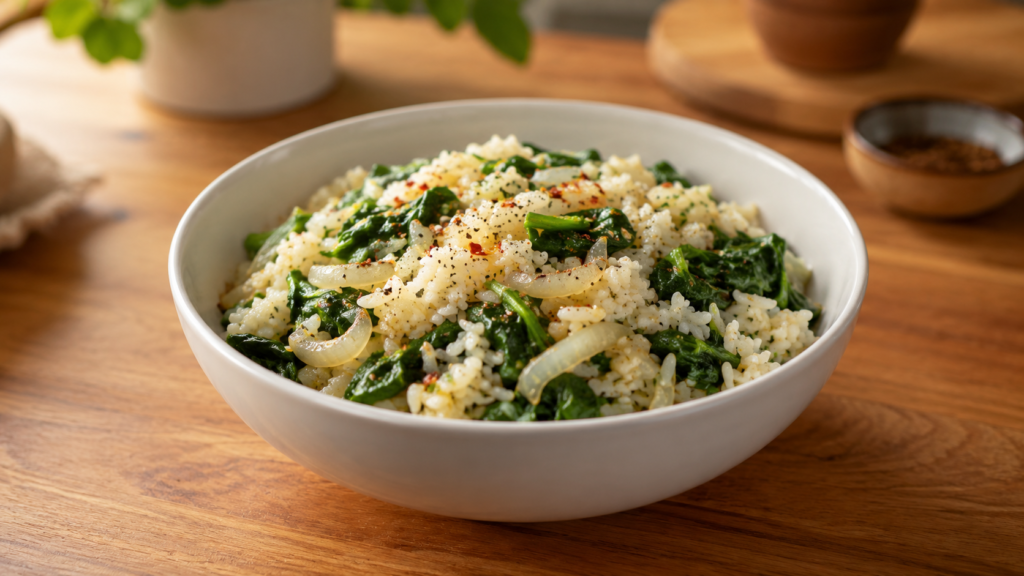 warm rice greens comfort bowl served in a white bowl on a wooden countertop