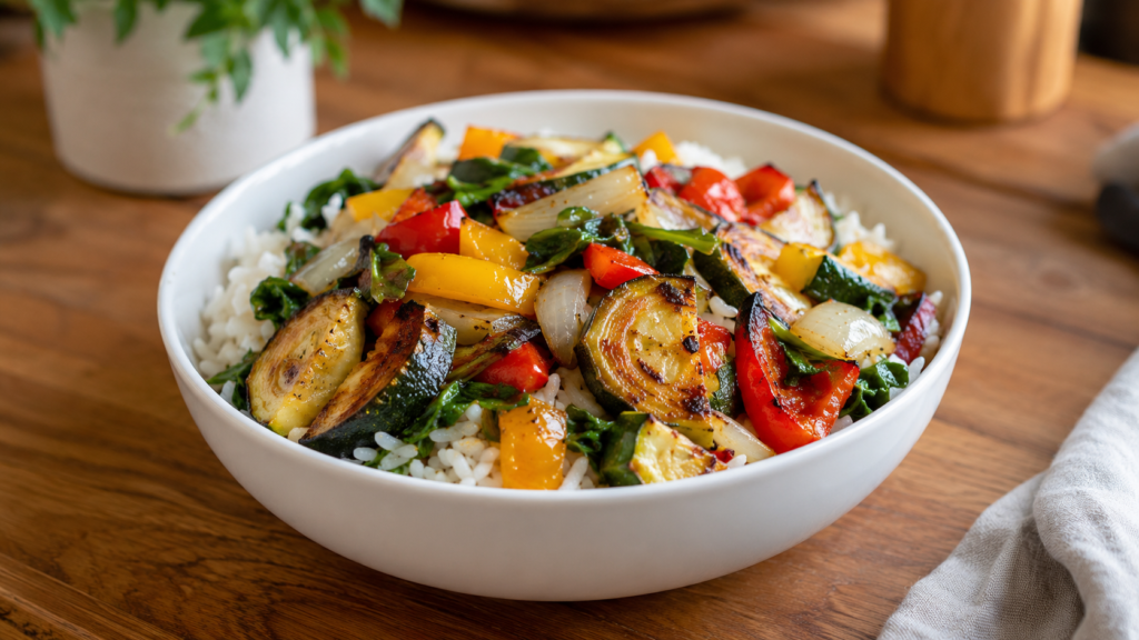 warm rice veggie bowl with roasted vegetables in a white bowl on a wooden countertop