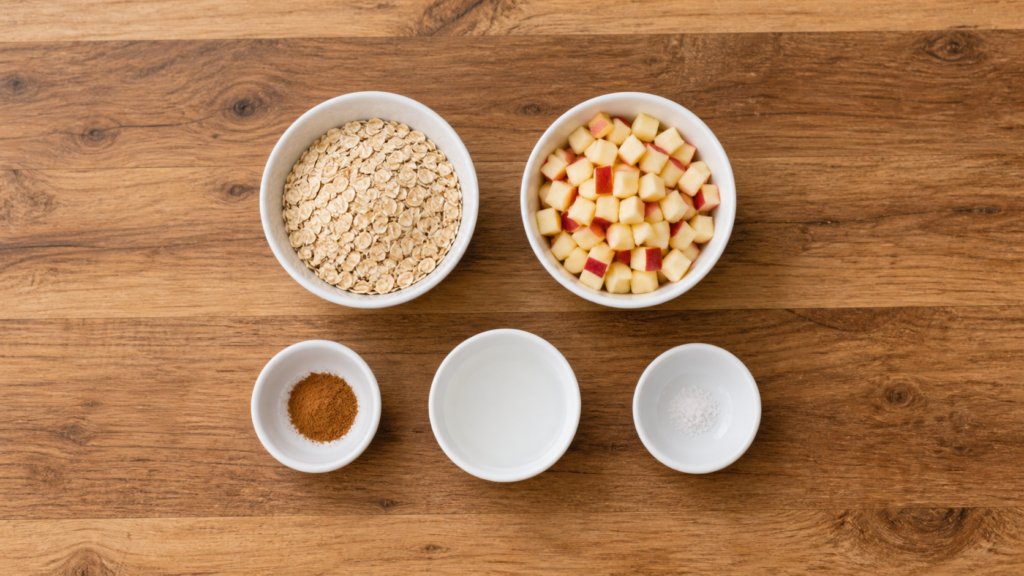 Small white bowls with oats, diced apples, cinnamon, and liquid arranged neatly on a wooden surface.