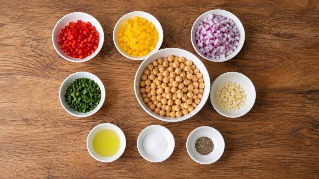 Small white bowls with chickpeas, vegetables, greens, and seasonings arranged neatly on a wooden surface.