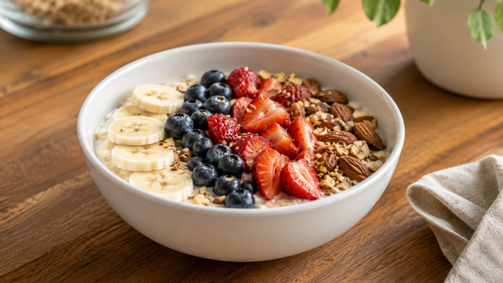 A white bowl with fresh fruit and mixed nuts arranged on a wooden countertop in soft natural light.