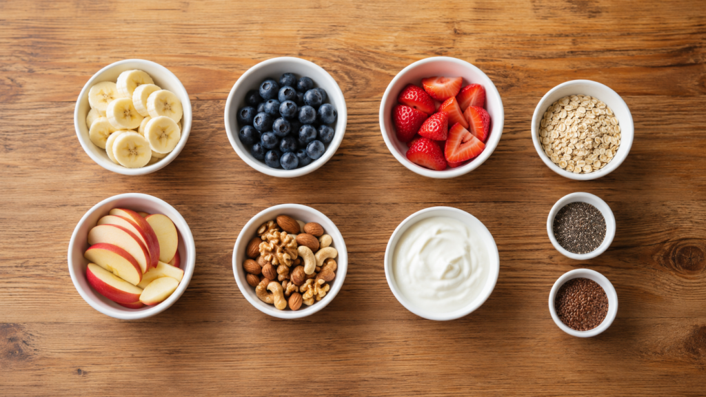 Small white bowls with fruit, nuts, and oats or yogurt arranged neatly on a wooden surface.