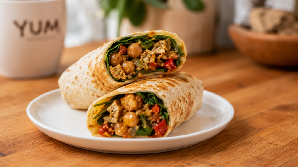 A sliced savory breakfast wrap filled with vegetables and plant-based protein on a white plate on a wooden countertop.