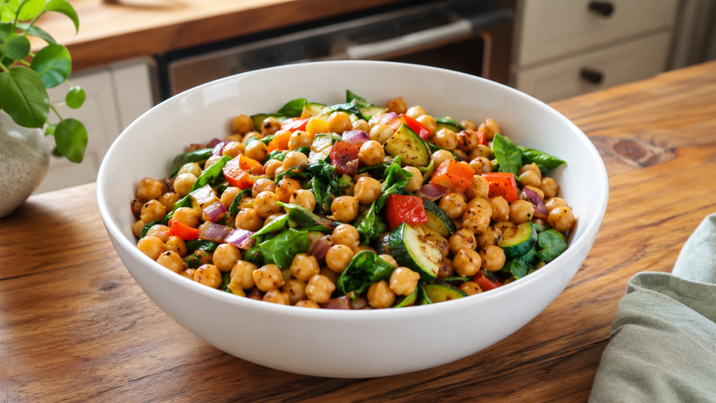 Simple chickpea breakfast bowl with vegetables and greens in a white bowl on a wooden countertop.