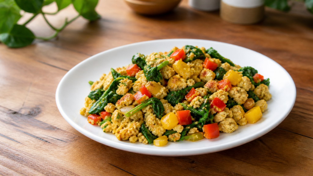 A white plate with simple tofu scramble with veggies, including crumbled tofu, bell peppers, and greens on a wooden countertop.