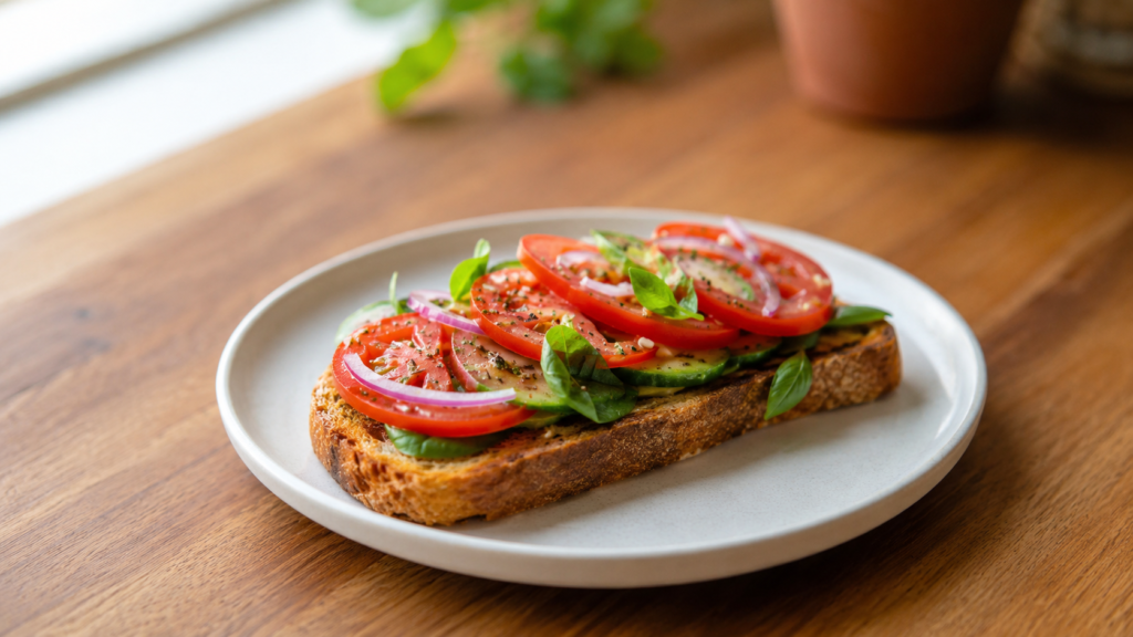 Simple veggie toast topped with fresh vegetables on a white plate on a wooden countertop in soft natural light.