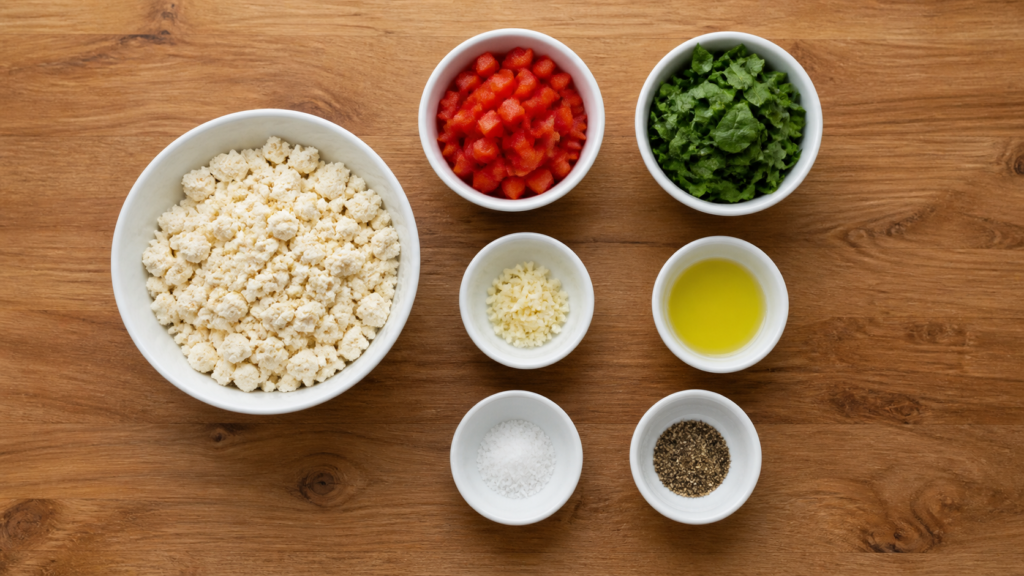Small white bowls with crumbled tofu, vegetables, and seasonings arranged neatly on a wooden surface.