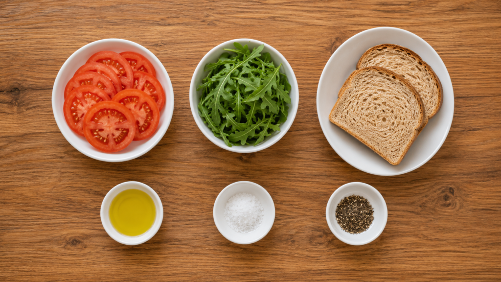 Small white bowls with sliced vegetables and bread arranged neatly on a wooden surface.