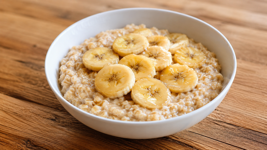 Warm banana oat bowl with soft oats and sliced bananas in a white bowl on a wooden countertop.