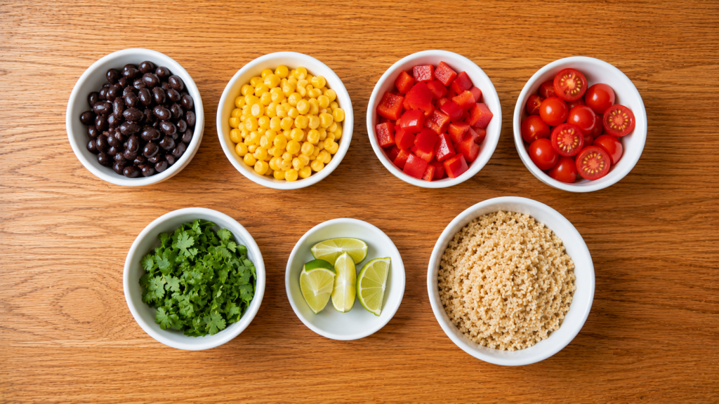 Black beans, corn, bell peppers, tomatoes, and fresh herbs arranged on a wooden countertop.