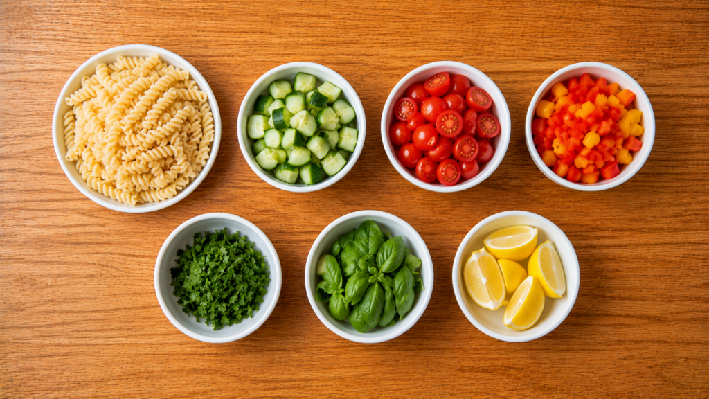 Pasta, fresh herbs, cucumbers, tomatoes, and colorful vegetables arranged on a wooden countertop.