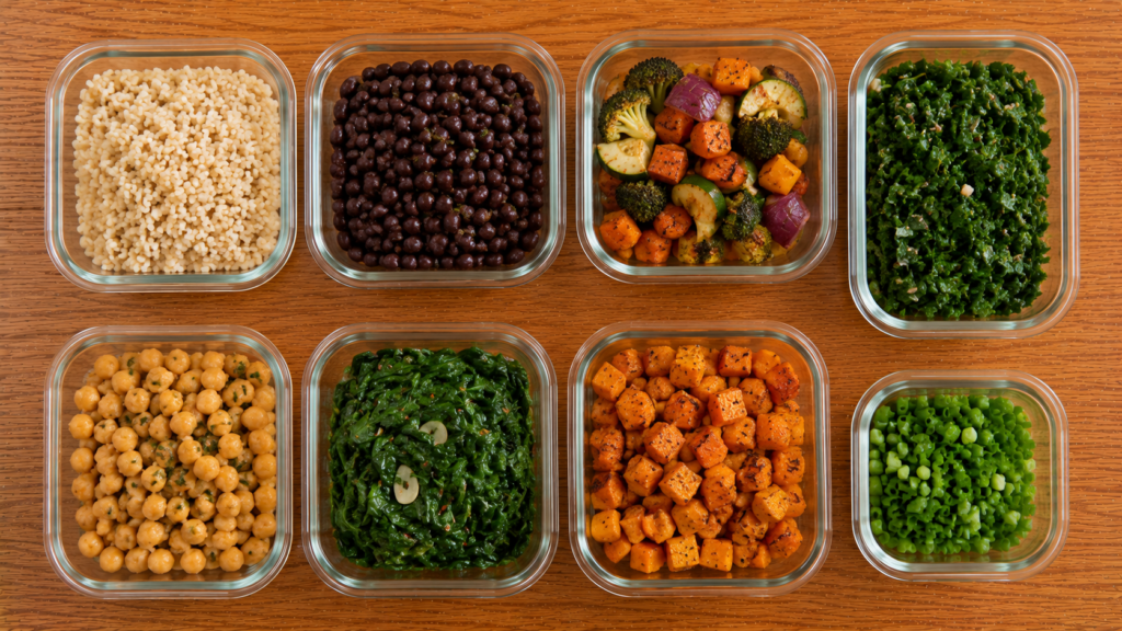Containers of leftover vegetables, grains, and beans arranged on a wooden countertop.