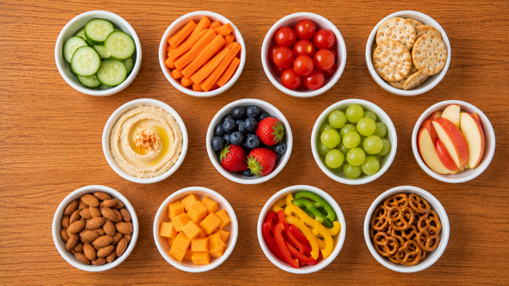 Colorful fruits, vegetables, crackers, and simple lunch ingredients arranged on a wooden countertop.